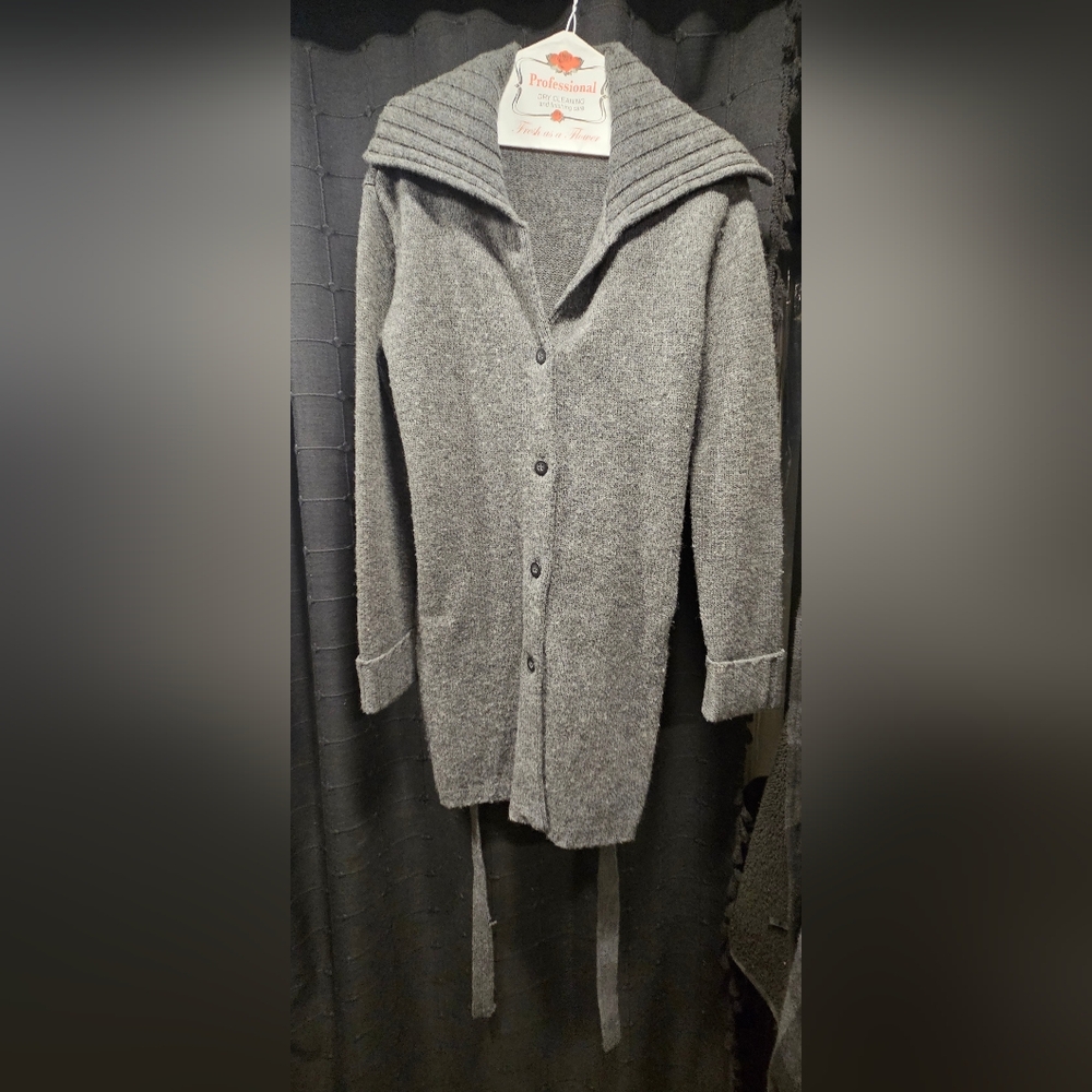 Relativity 100% Lambswool Grey Belted Longline Cardigan Sweater Size M - Picture 5 of 9